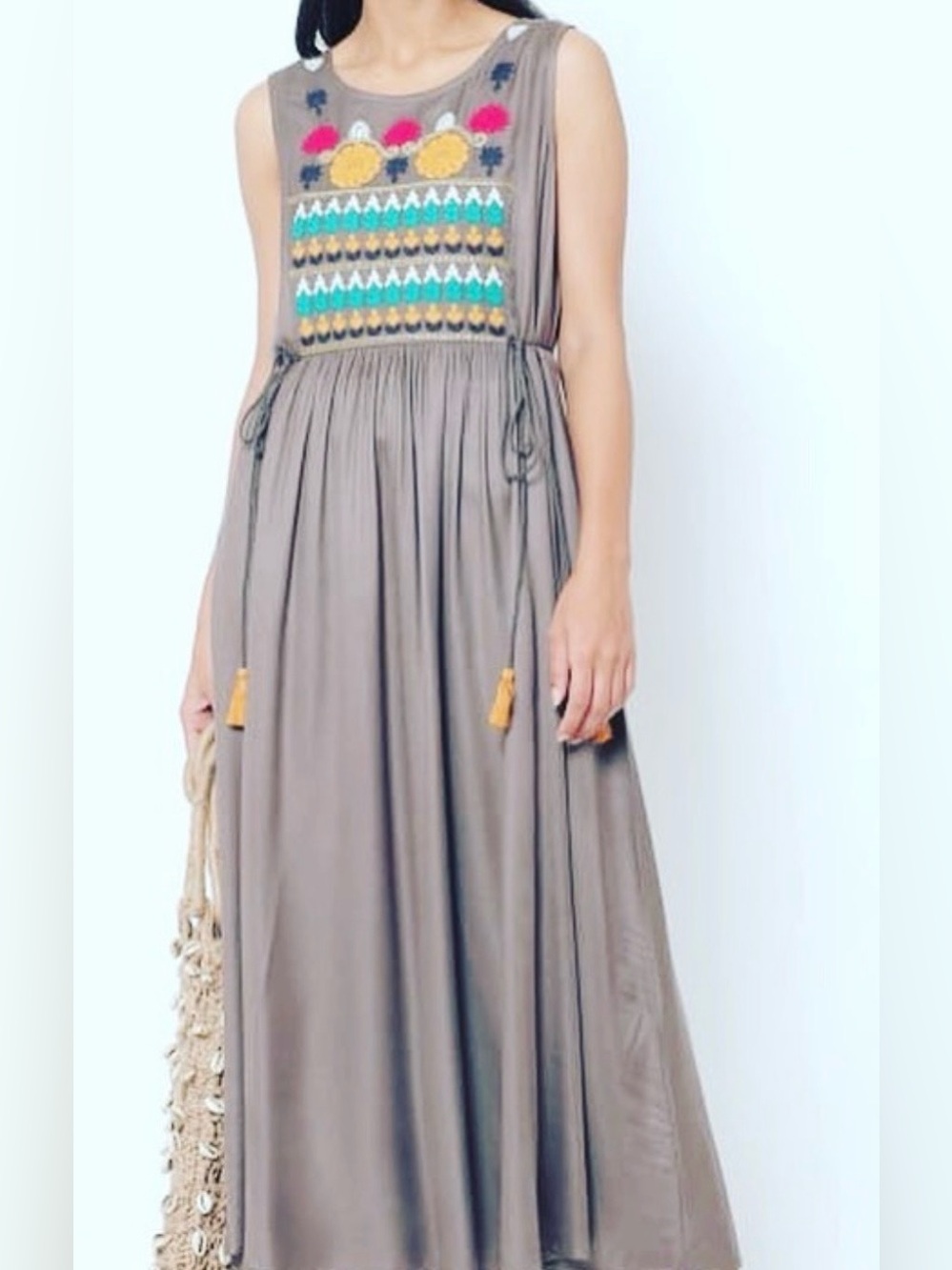 Fusion Embroidered Taupe Maxi Dress with Tassel Detail